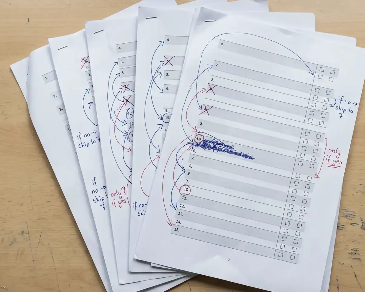A printed questionnaire covered in hand-drawn arrows, with notes such as "if no, skip to 7" and "only if yes".